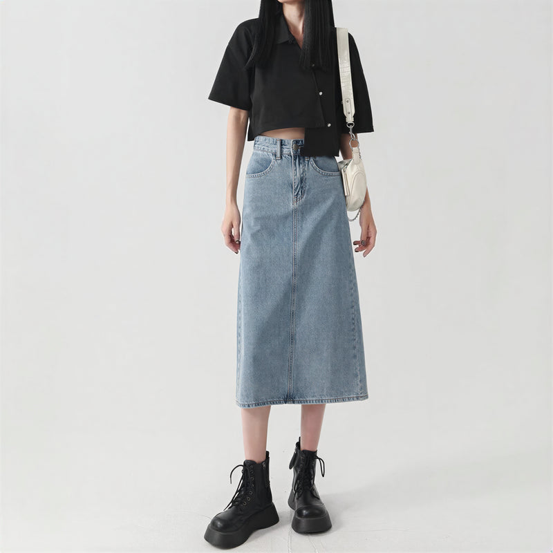 ハイウエスト ストレート スリット デニムスカート-サックス-5XL