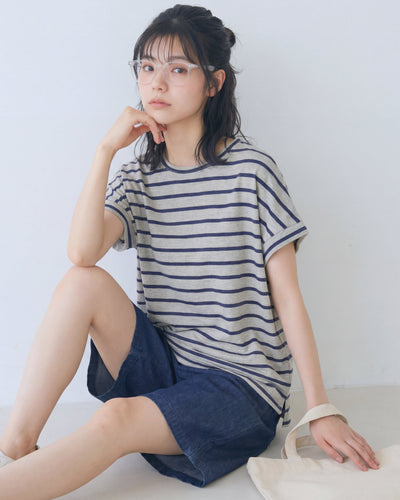 ゆったりドロップショルダー ボーダーTシャツ-ブルー-2XL