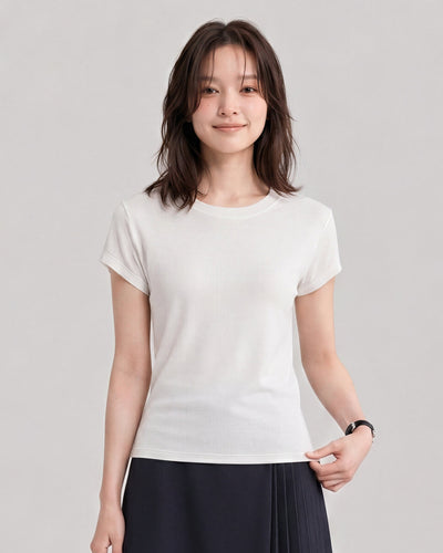 レディース テンセル クルーネック 半袖Tシャツ ベーシック 細身 カジュアル-ライトグレー-2XL