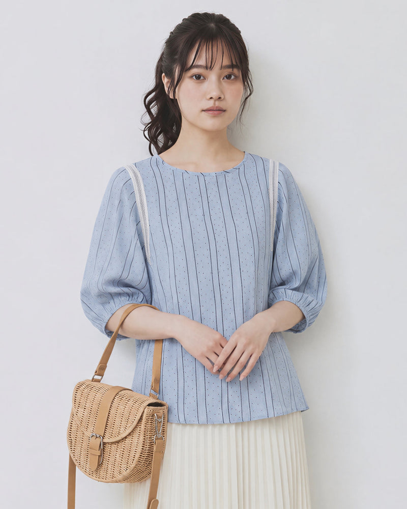 涼感天糸麻混紡シャツ丸首ストレートストライプシャツ-サックス-FREE