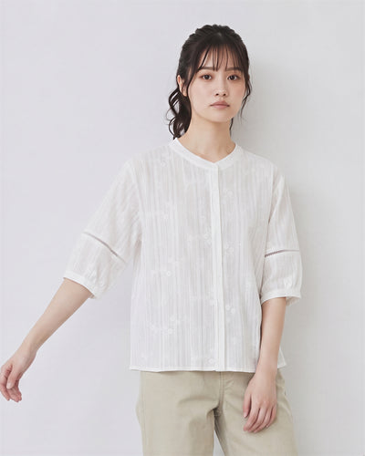 立体プリーツ刺繍シャツ-ホワイト-2XL