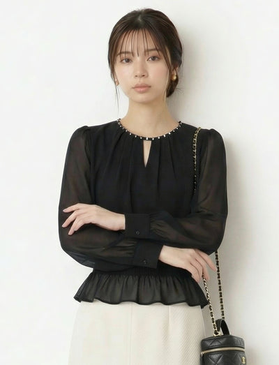 ビーズ付きラウンドネック 小Vスリット ウエストゴム シフォンブラウス-ブラック-2XL