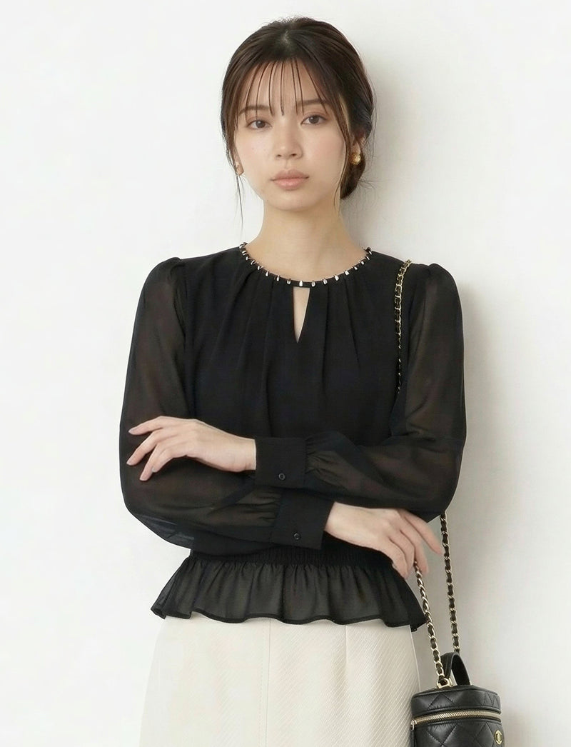 ビーズ付きラウンドネック 小Vスリット ウエストゴム シフォンブラウス-ブラック-2XL