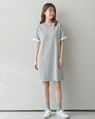 ゆったりストレート ロールアップスリーブ Tシャツワンピース-グレー-L