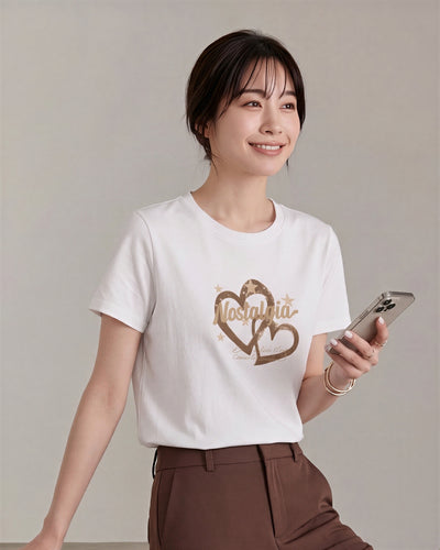 ラウンドネック ハートプリント ルーズTシャツ-ホワイト-5XL