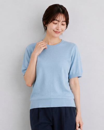 ライトブルー クルーネック スリムフィット リブニット 半袖-サックス-2XL