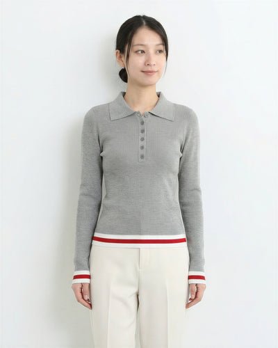 襟付き 前ボタン すっきりフィット 配色ボーダー ニットトップス-グレー -XL