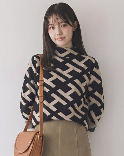 ブラック×ライトベージュ 配色 幾何学ジャカード モックネックルーズニット-ブラック X ライトベージュ-XL
