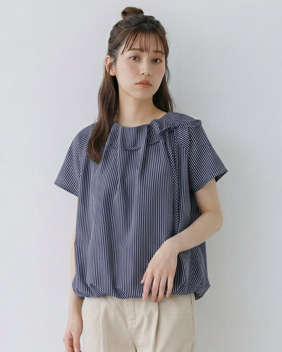 細ストライプ ドローストリング ギャザー 半袖シャツ-ダークブルー-4XL