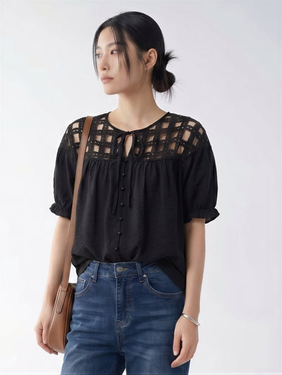 カットワーク切り替えリボンブラウス-ブラック-4XL