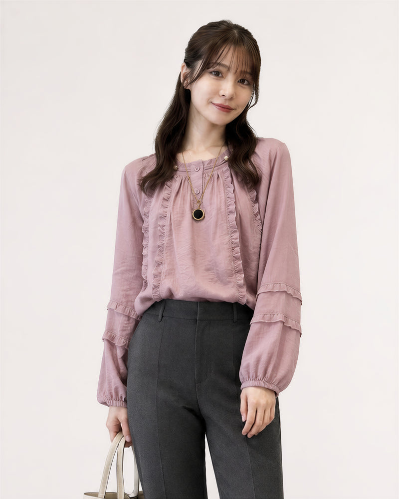 S~XL フリル襟 ラウンドネック バルーンスリーブブラウス