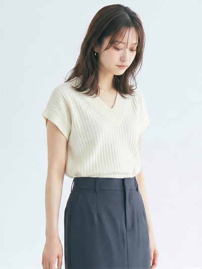 Vネック テクスチャー 半袖ニット-ベージュ-XL