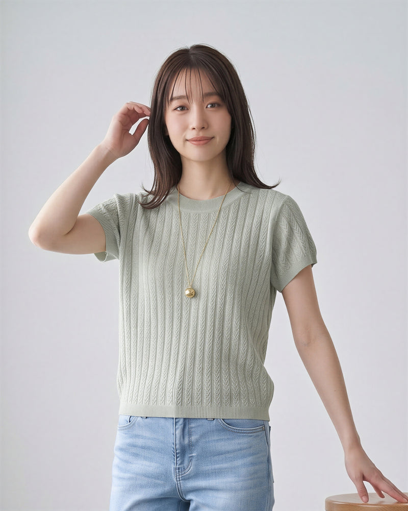 ライトグリーン ケーブル柄 半袖ニット-ライトグリーン-XL