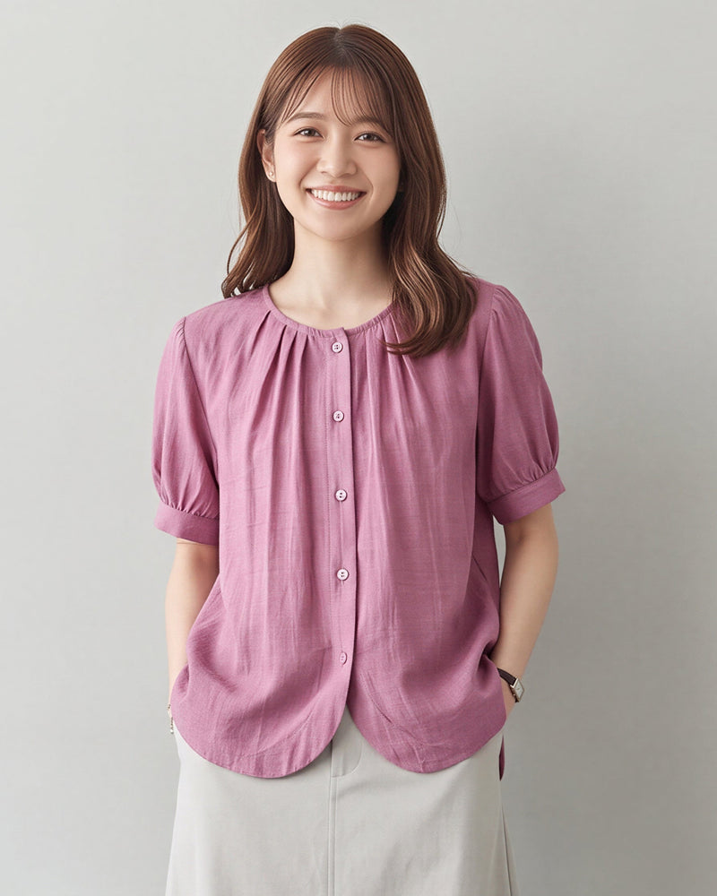 ラウンドネック タック入り パフスリーブブラウス-チェリーレッド-2XL