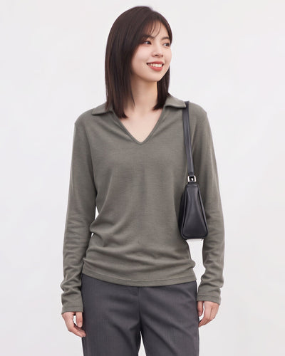 襟付きVネック スリムフィット長袖Tシャツ