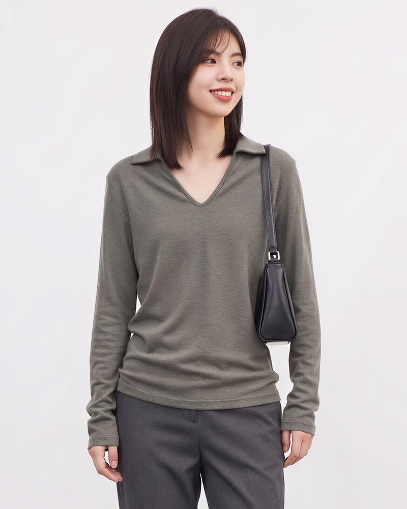襟付きVネック スリムフィット長袖Tシャツ