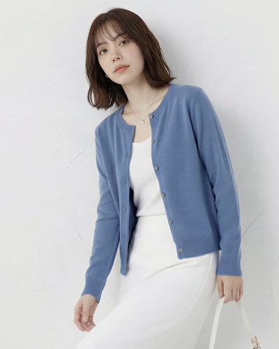 【全14色】S~2XL クルーネック シングルボタン フィット ニットカーディガン