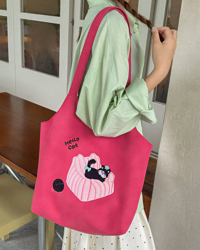 【全5色】猫アップリケ刺繍 やわらかスエード調 トートバッグ