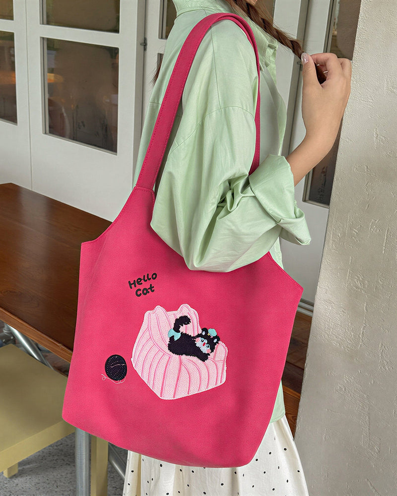 【全5色】猫アップリケ刺繍 やわらかスエード調 トートバッグ