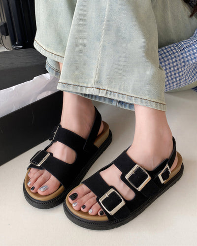 スエード調ワイドストラップ メタルダブルバックルサンダル