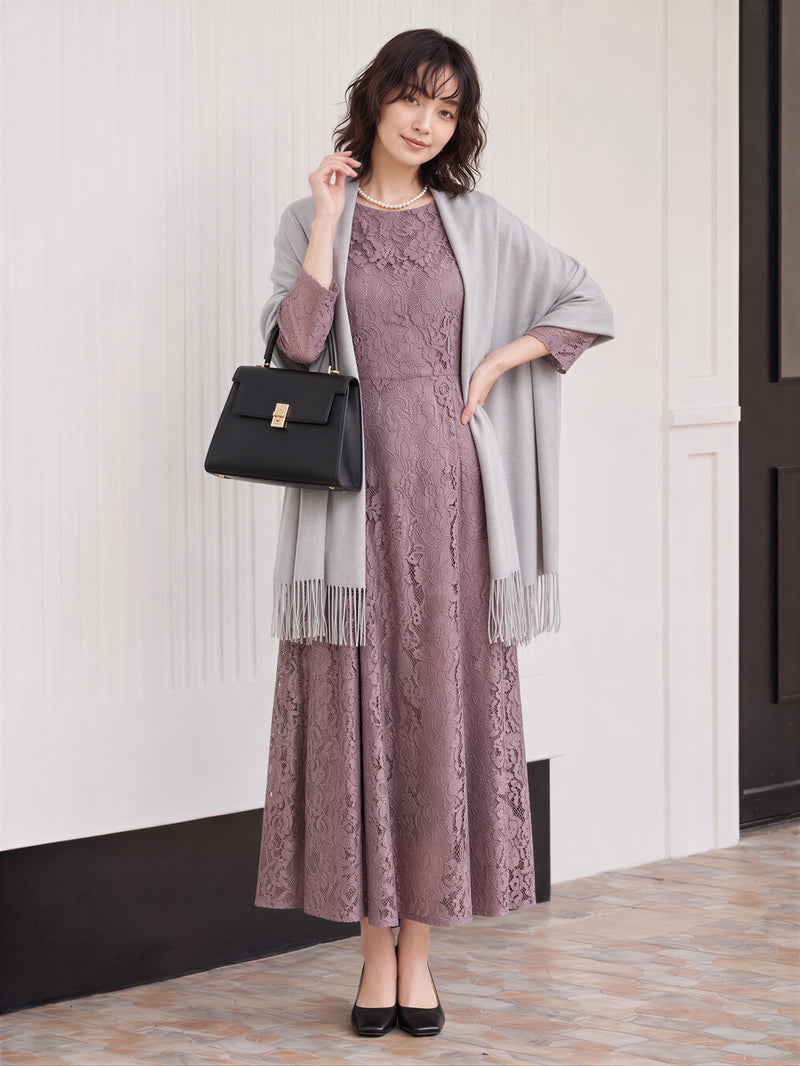 ラウンドネック 長袖 Aライン レースワンピース-パープル-2XL