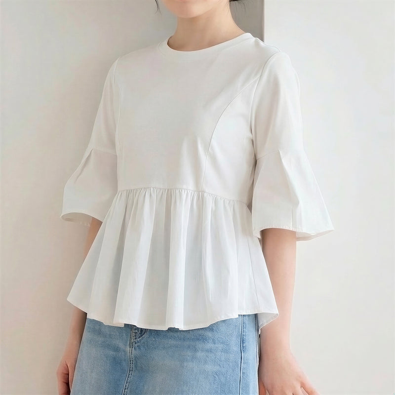 フリル切り替え フレアスリーブTシャツ-ピュアホワイト-XL