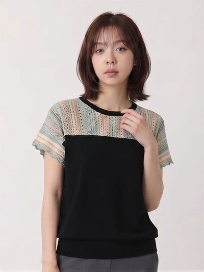 切り替えシアー メローフリル 半袖Tシャツ-ブラック-4XL