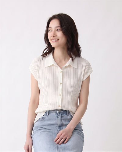 縦プリーツ入り 開襟シャツ-ホワイト-XL
