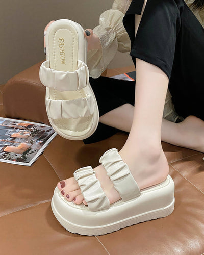 立体プリーツダブルストラップ 厚底美脚 レディース オープントゥスライドサンダル-ホワイト-42
