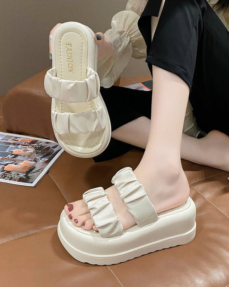 立体プリーツダブルストラップ 厚底美脚 レディース オープントゥスライドサンダル-ホワイト-42