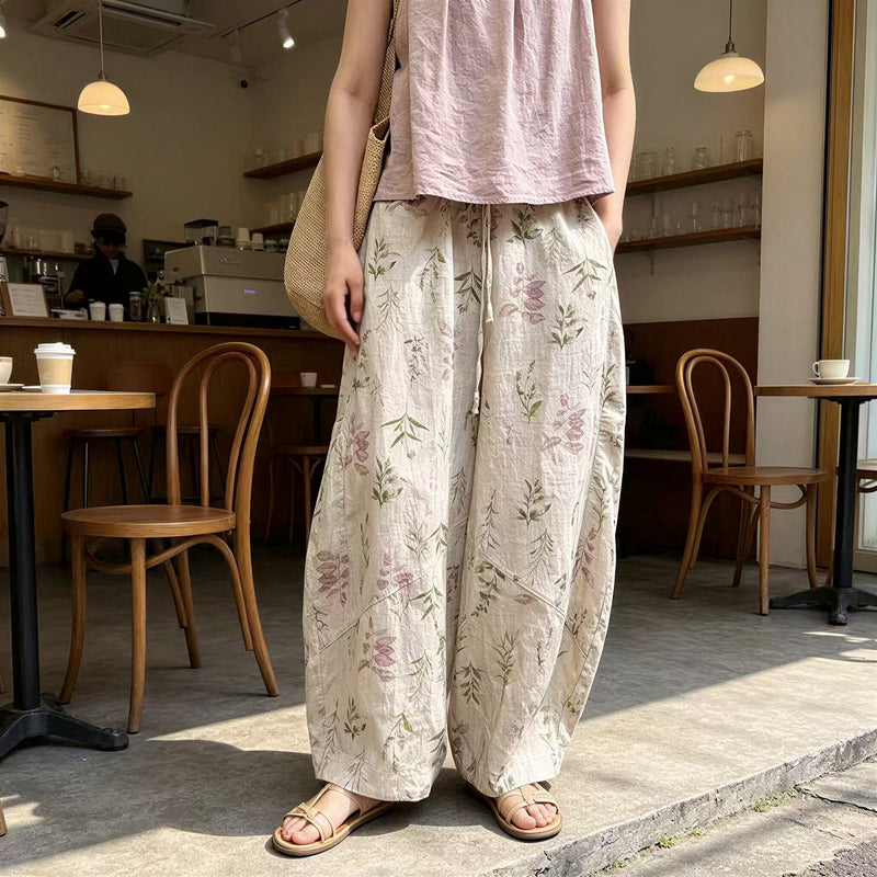 ボタニカルプリント ゆったりワイドパンツ-ベージュ-2XL