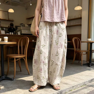 ボタニカルプリント ゆったりワイドパンツ-ベージュ-2XL