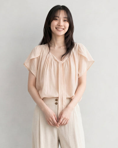 薄手で軽やか!フレンチフレア半袖 ゆったりギャザーバンドシャツ