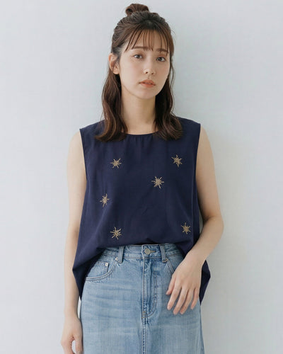 スター刺繍 クルーネック ノースリーブタンクトップ-ダークブルー-2XL