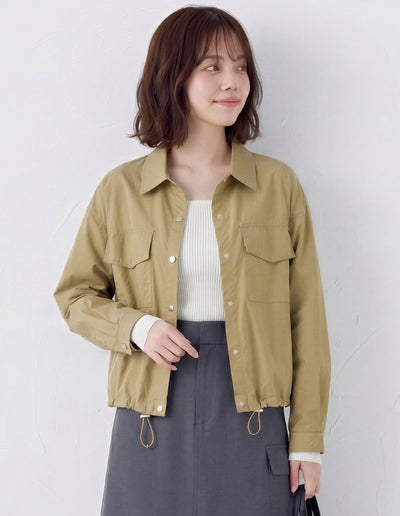 【全2色】M~2XL フラップポケット ドローストリング ショート丈ワークジャケット
