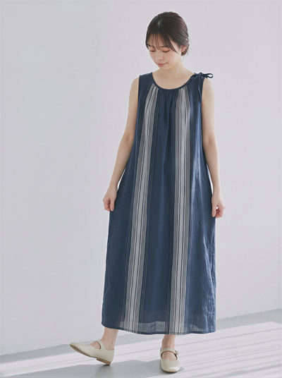 ストライプ切り替え ゆったり ノースリーブワンピース-ダークブルー-2XL