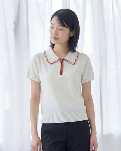 配色刺繍トリム ビッグカラー 半開きプルオーバーニット半袖-ホワイト-L