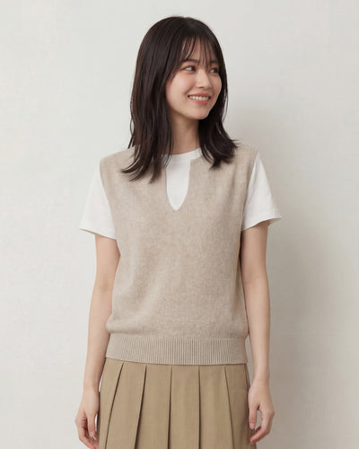 Vネックスリット 配色切り替え リブ仕上げ フェイクレイヤード 半袖Tシャツ