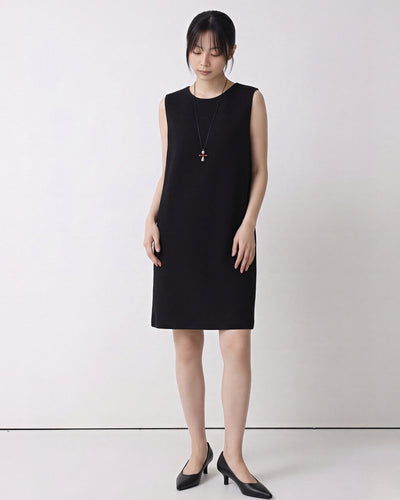 ラウンドネック ストレートシルエット ゆったり ノースリーブワンピース-ブラック-XL