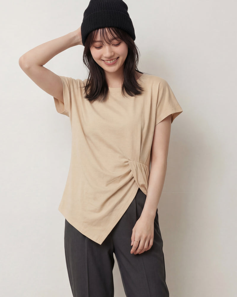 サイドウエストツイストギャザー アシンメトリーヘム 半袖Tシャツ