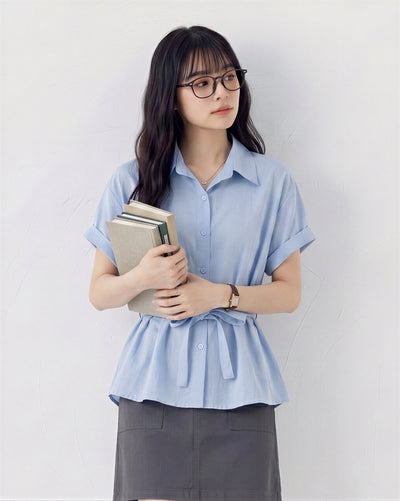 ウエストマークリボン付き 開襟 半袖シャツ-サックス-2XL