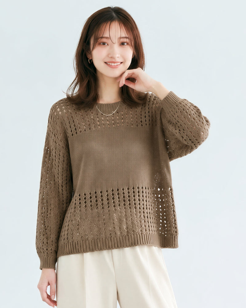 【秋新作】S~XL 透かし編み切り替えクルーネックニット