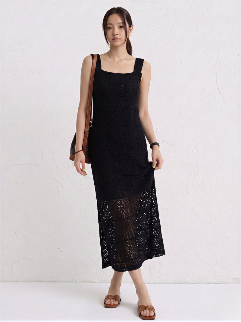 透かし編みニット ストレート キャミワンピース-ブラック-FREE