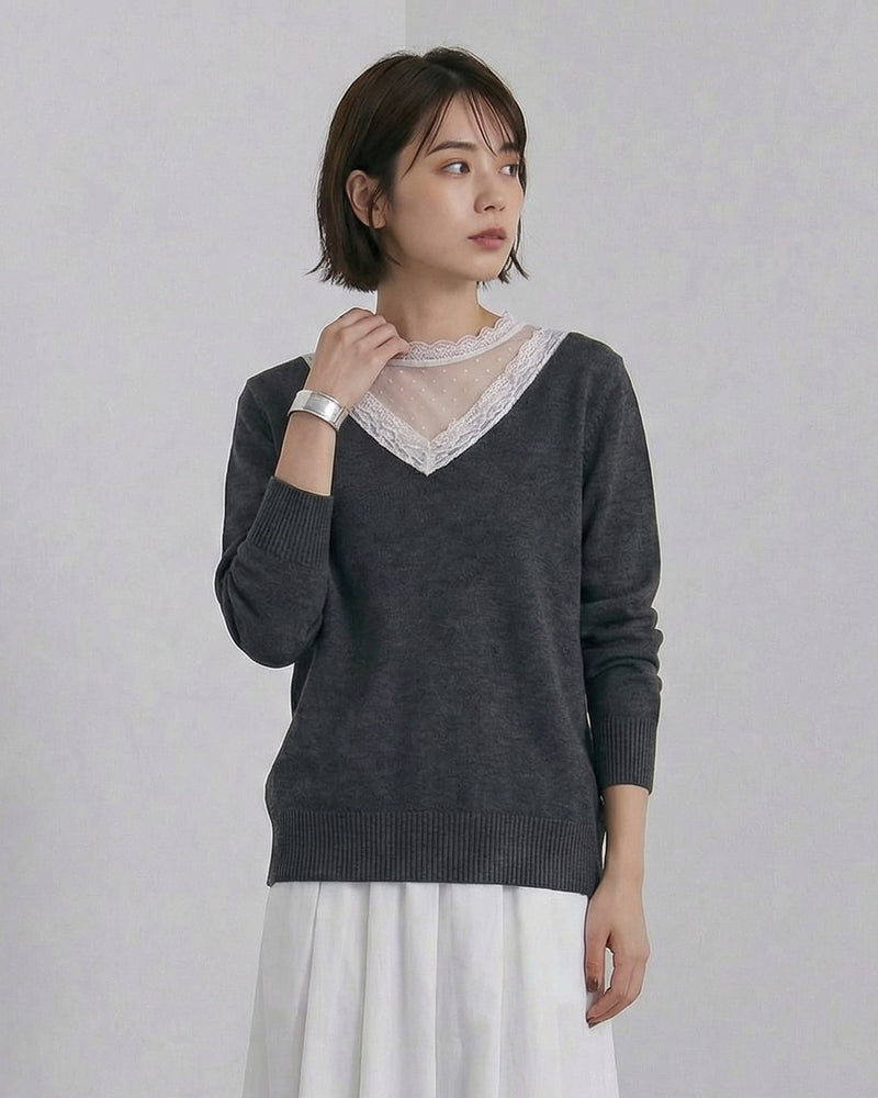 レース切替 Vネック レイヤード風 ニットトップス-グレー-4XL
