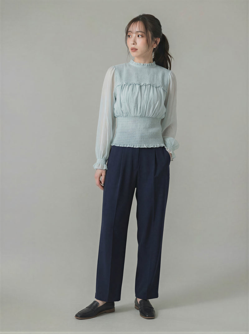 ハイネック プリーツ切替 ウエストシェイプ シフォンブラウス