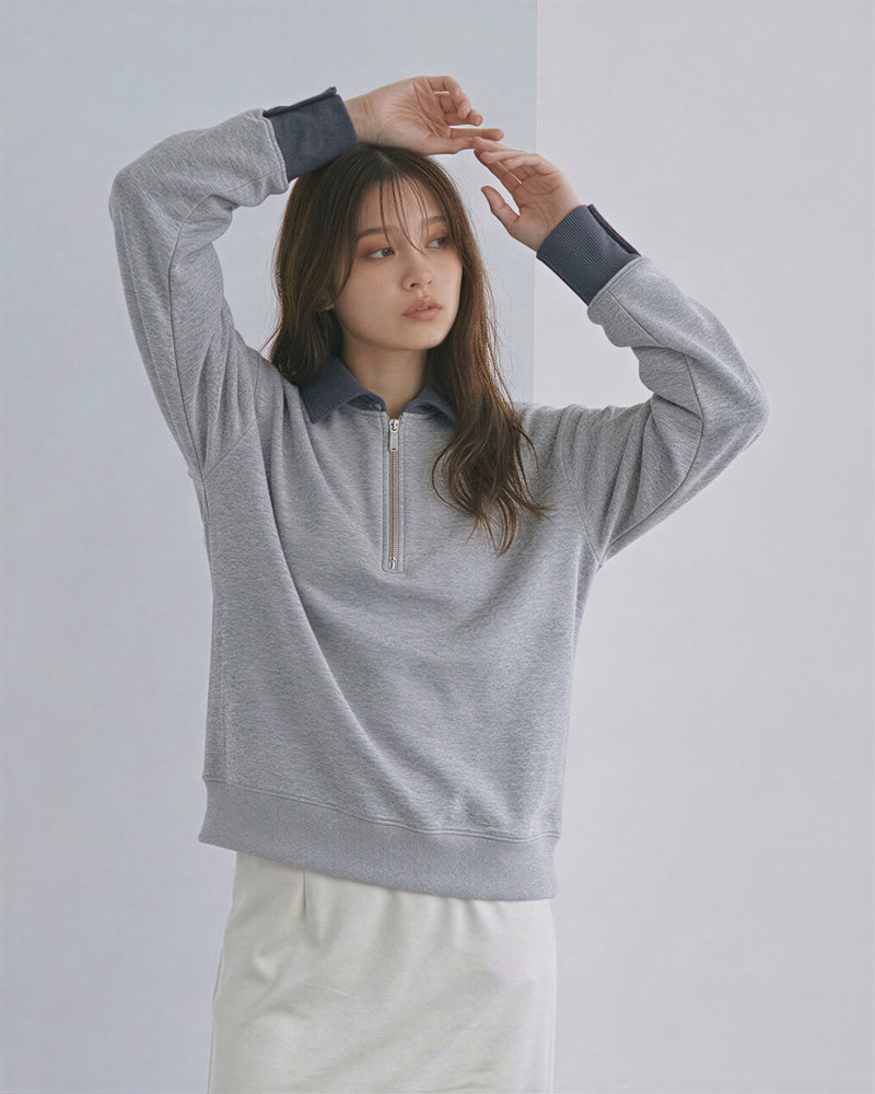 襟付き ハーフジップ レイヤード風スウェット-グレー-2XL
