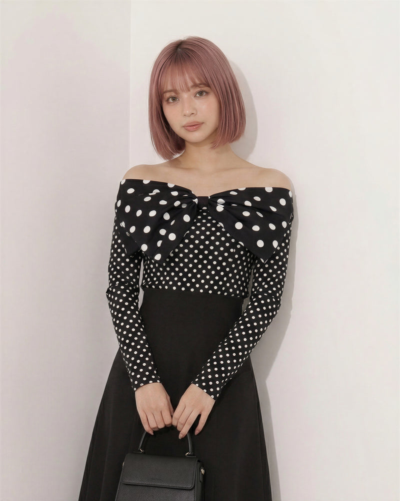 オフショルダー ビッグリボン ドット柄 スリムフィット シャツ