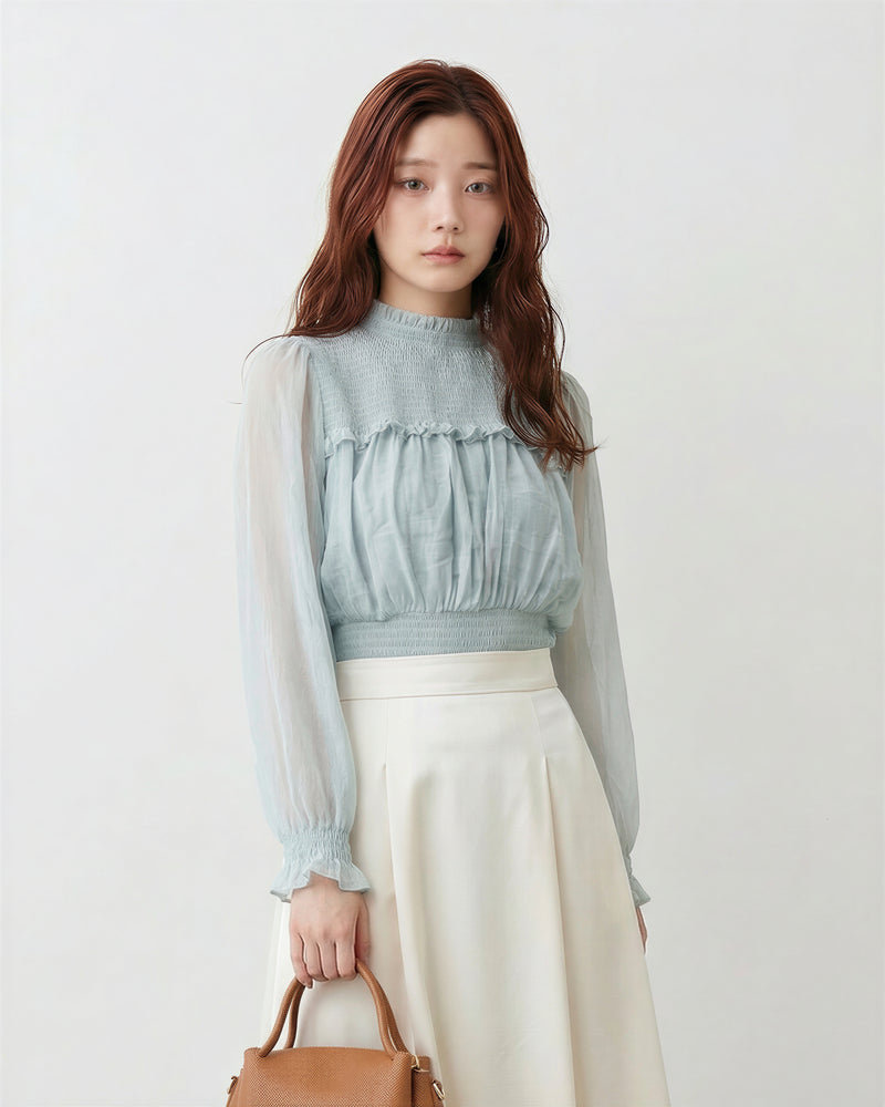 ハイネック プリーツ切替 ウエストシェイプ シフォンブラウス