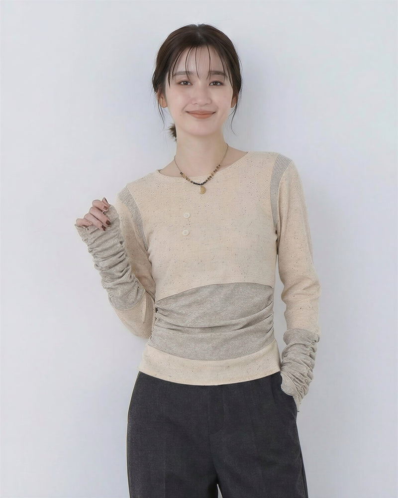 切り替えデザイン フェイクレイヤード スリムフィット 長袖Tシャツ