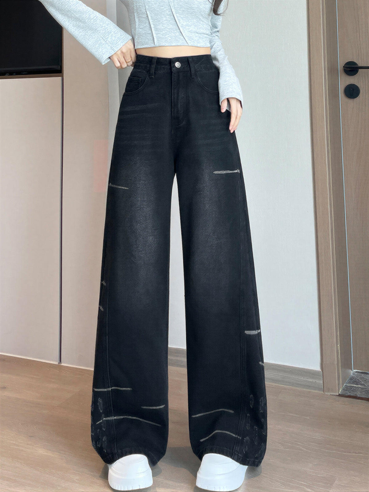 ハイウエスト ワイドレッグ フロアレングス デニムパンツ